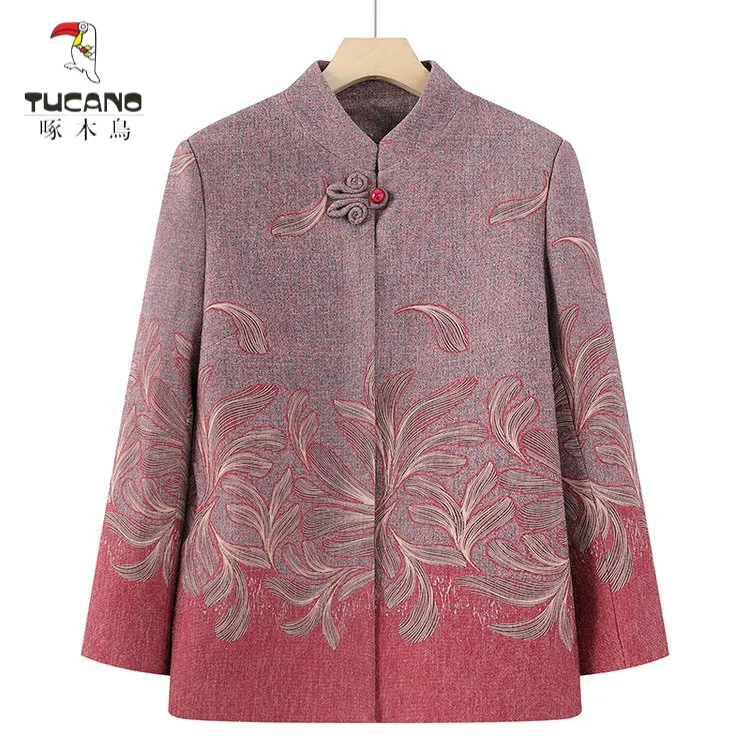 啄木鸟中老年奶奶春装外套妈妈唐装毛呢绣花上衣新款洋气老人衣服