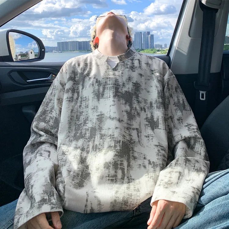 设计感扎染V领长袖T恤男士秋季美式小众宽松ins潮牌休闲卫衣上衣