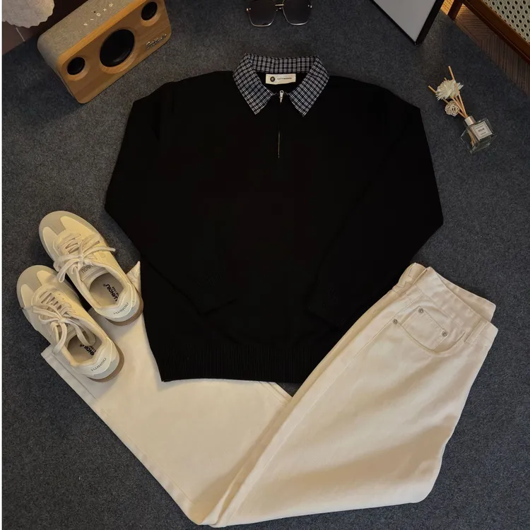 简约秋季新贵设计感拼接千鸟格男士针织POLO衫假两件长袖T恤