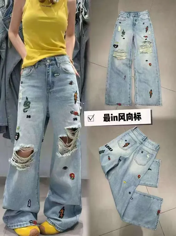 破洞字母刺绣牛仔裤高腰显瘦直筒阔腿拖地裤休闲百搭女夏