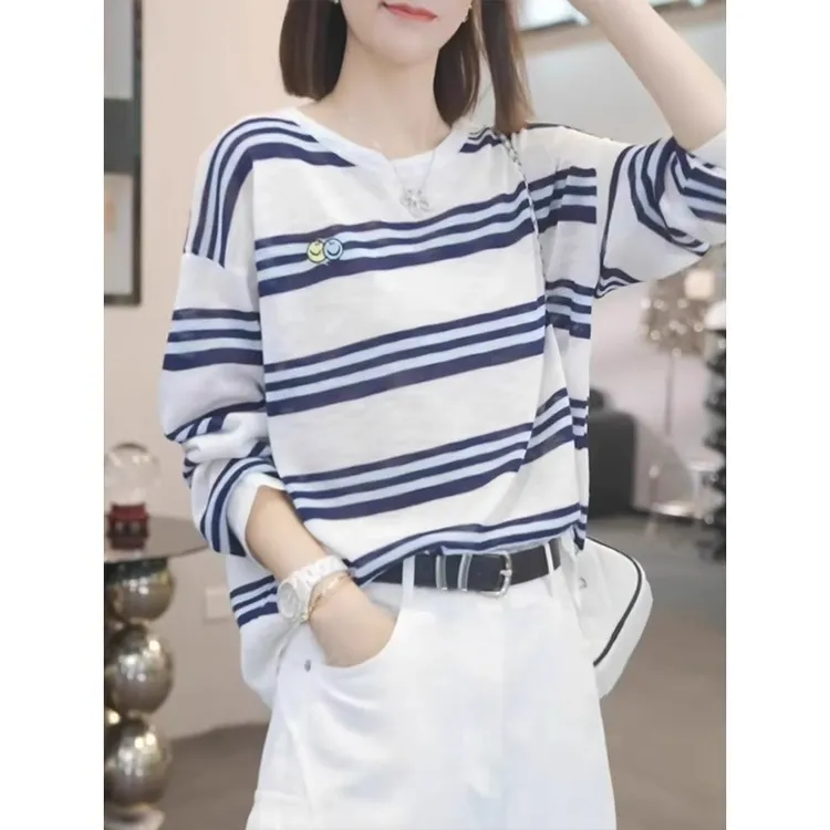 撞色条纹长袖防晒t恤女夏季空调罩衫2025年新款宽松慵懒笑脸上衣