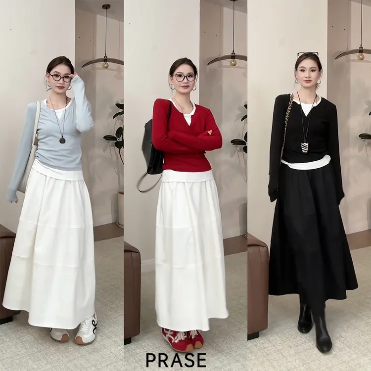 PRASE·噜【叠穿必入】微胖轻奢设计款秋假两件拼接针织T恤PR508C57