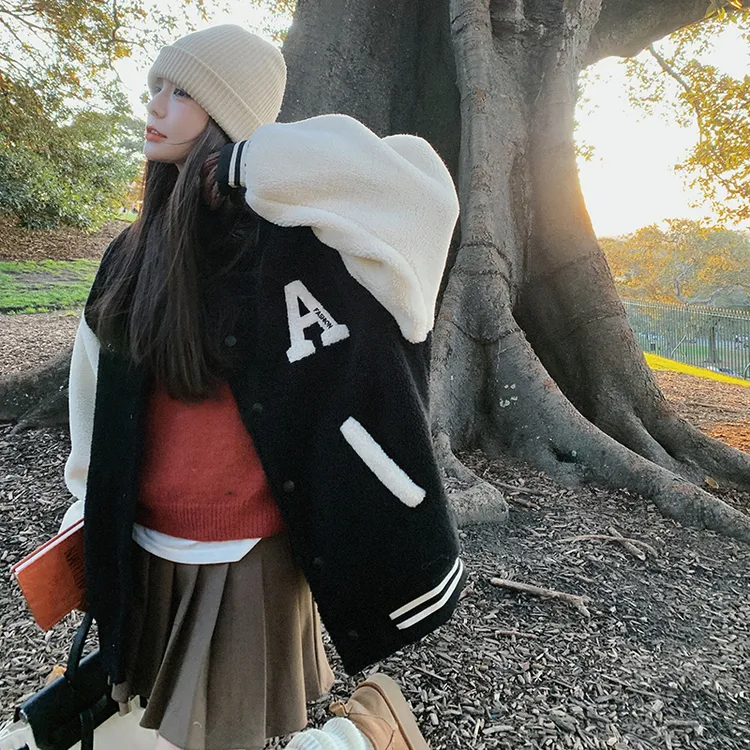 秋冬季穿搭美式棒球外套羊羔毛女装潮牌毛毛衣服颗粒摇粒绒夹克厚