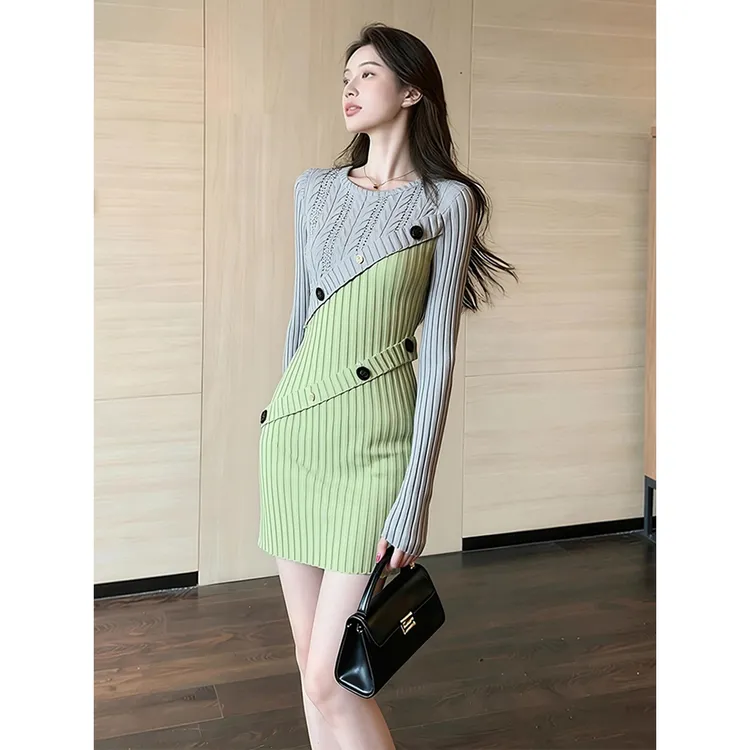 韩国穿搭超好看独特漂亮裙子高端精致富家千金风针织拼接连衣裙女