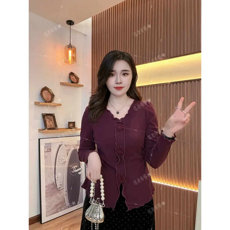 【仅上衣】花老爷微胖大码女装玫瑰夫人立体花木耳边T恤HLY3679