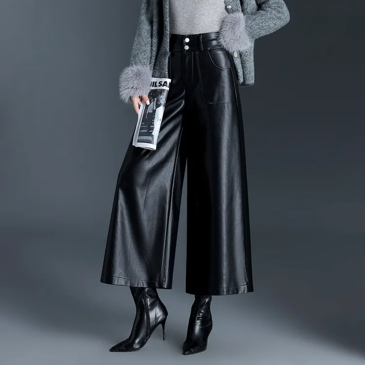 PU皮九分阔腿裤女秋冬2025新款高腰宽松通勤休闲皮裤百搭大脚裤子