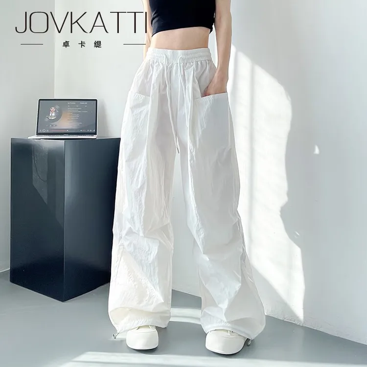 白色大码微褶休闲裤夏季胖ｍｍ大口袋宽松显瘦工装轻薄阔腿裤