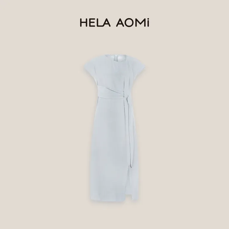HELAAOMI “醋酸蓝”醋酸简约气质一体腰封解构连衣裙CY5BX73010