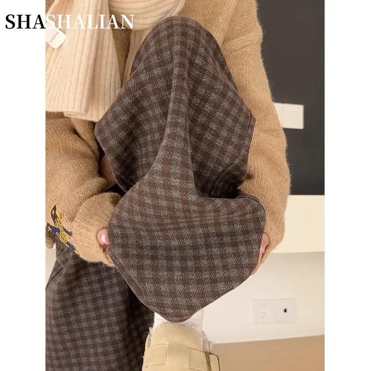 咖色格子裤女2025春秋撞色加绒高腰垂感直筒裤复古慵懒毛呢阔腿裤