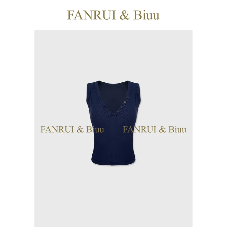 FANRUI/泛芮「漫燃」纯色百搭简约正肩无袖大v领修身针织t恤B17240