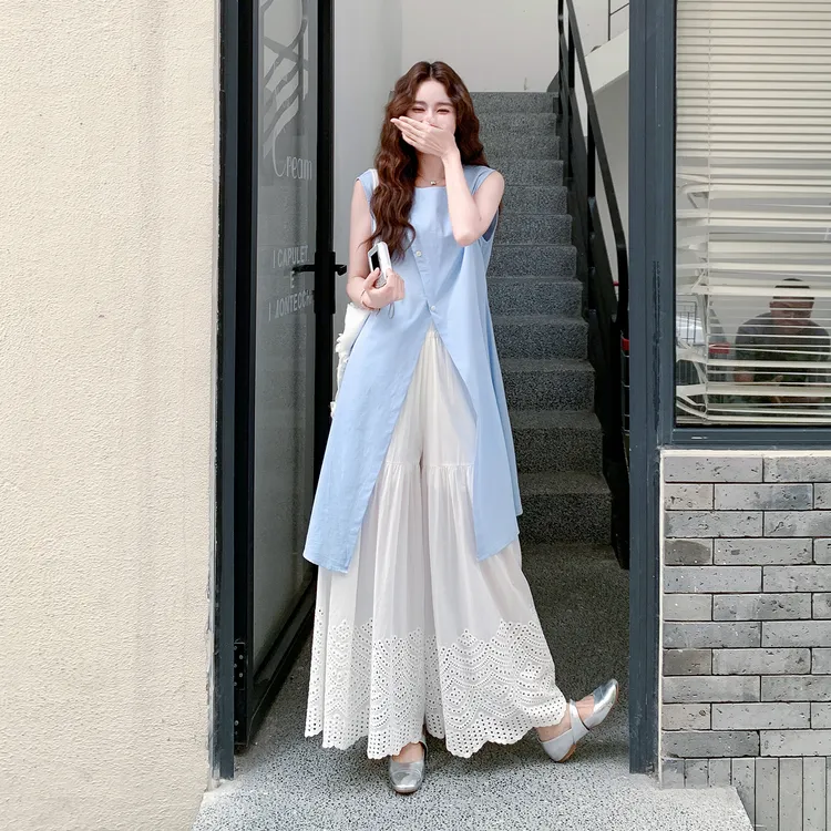 夏季ootd减龄穿搭套装裤女2025夏季新款无袖罩衫镂空阔腿裤两件套