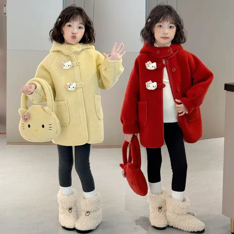 女童冬季加绒猫咪毛呢加绒外套