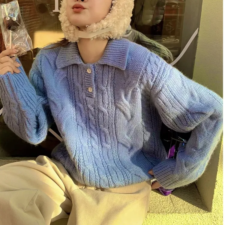 高端货~2026年春秋新款羊毛混纺翻领麻花奶蓝色毛衣女针织上衣