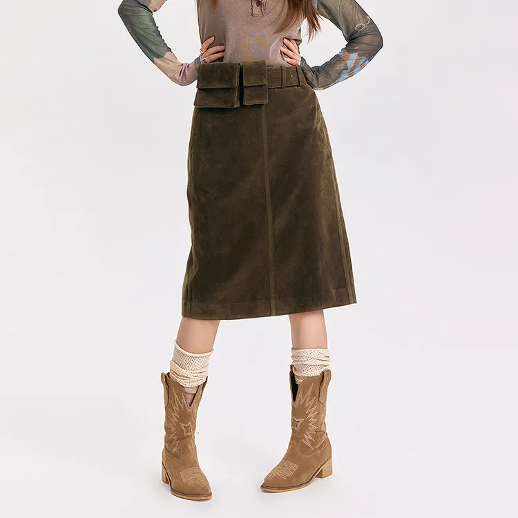 NO ONE ELSE美式复古女装秋冬纯色口袋腰带a字仿麂皮绒半身裙