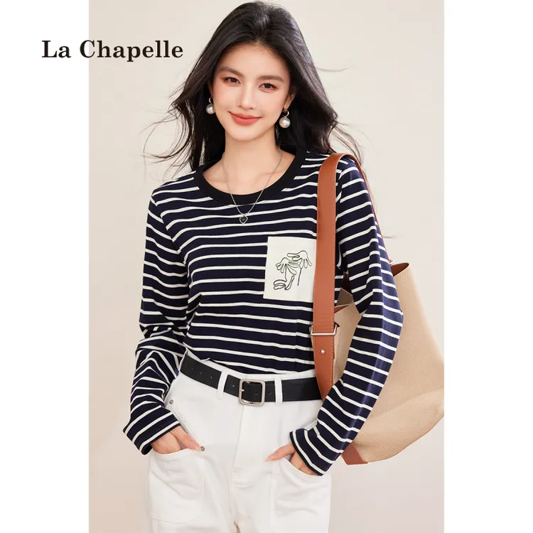 拉夏贝尔显瘦春季新款韩版气质宽松百搭圆领条纹上衣高级感T恤女