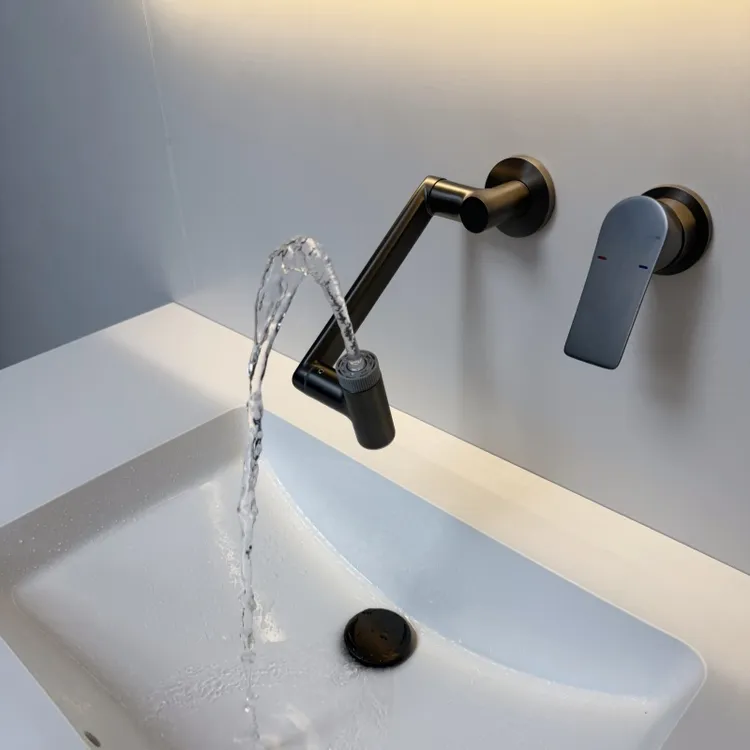 全铜数显枪灰数显暗装面盆龙头折叠预埋入墙式全铜墙出万向水龙头