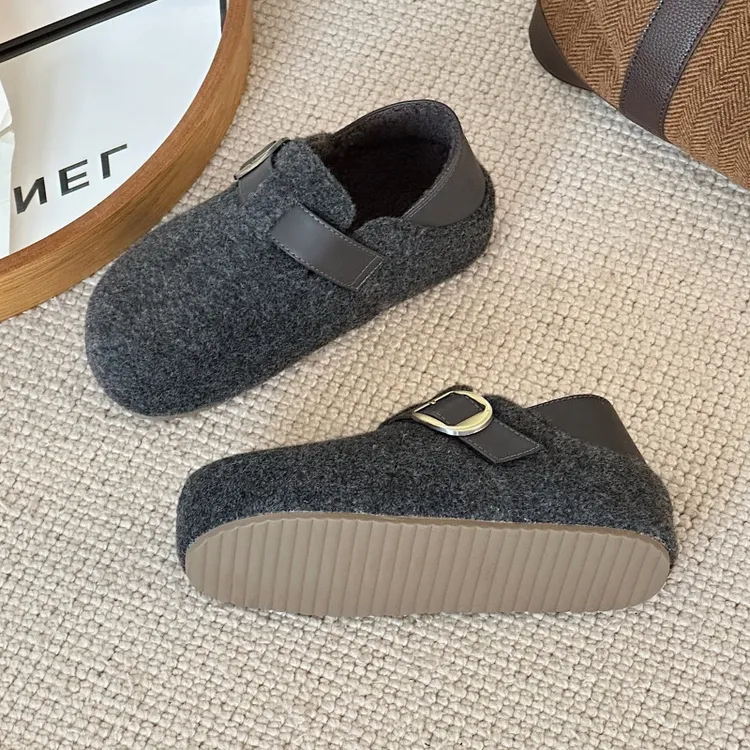 厚底两穿毛呢勃肯鞋女2025秋冬季新款内增高女鞋百搭加绒保暖棉鞋