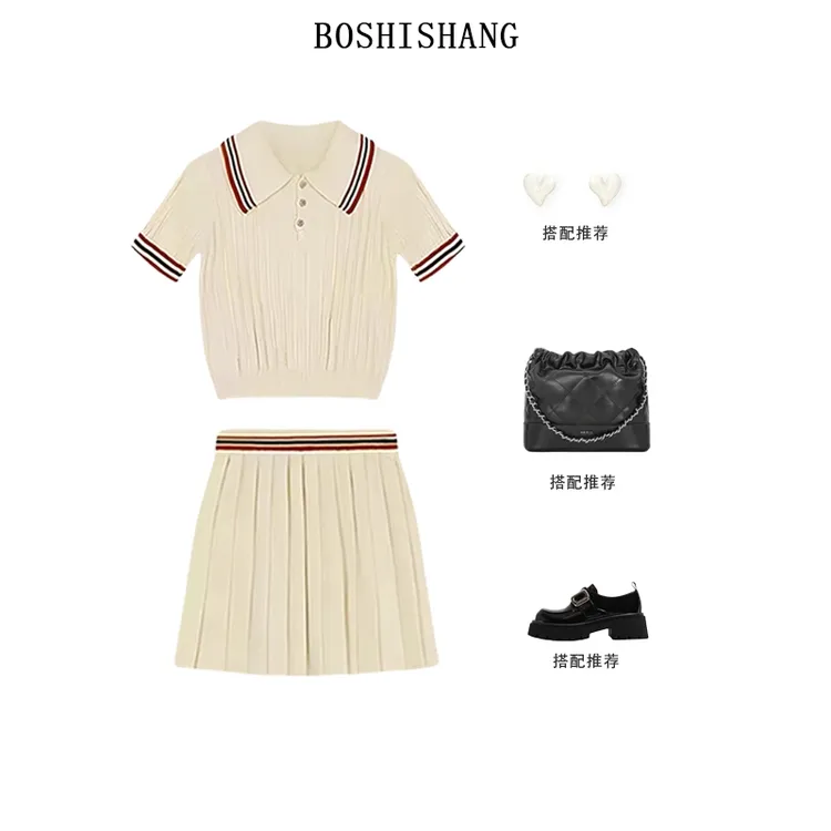 2025夏季短裙气质polo领上衣女装针织学院风百褶裙外套女秋季外套