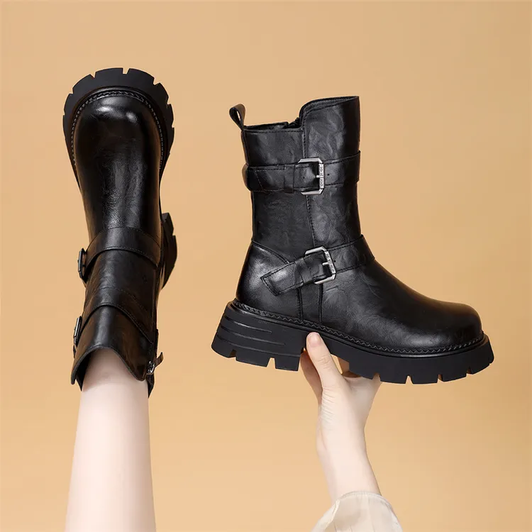 秋冬季韩版秋冬保暖马丁靴中筒厚底皮靴粗跟短筒半靴侧拉链英伦风