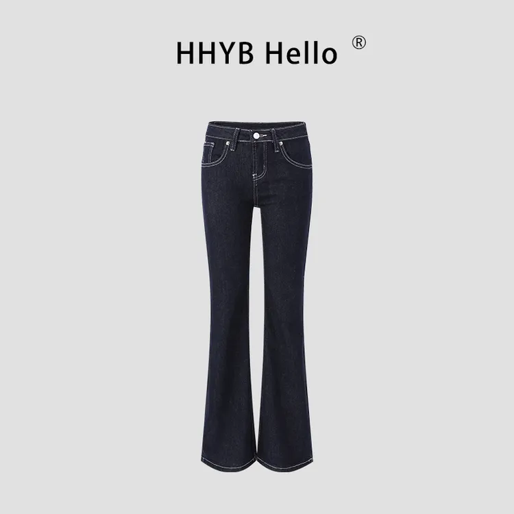 HHYB Hello2025新款时尚低腰微喇撞色复古显瘦阔腿长裤女Q254301
