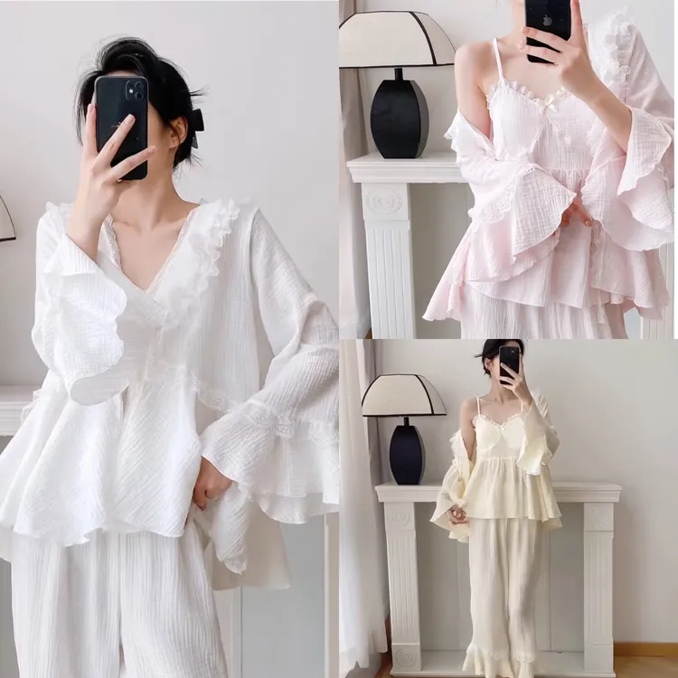 超美韩系早秋三件套原创蕾丝吊带家居服