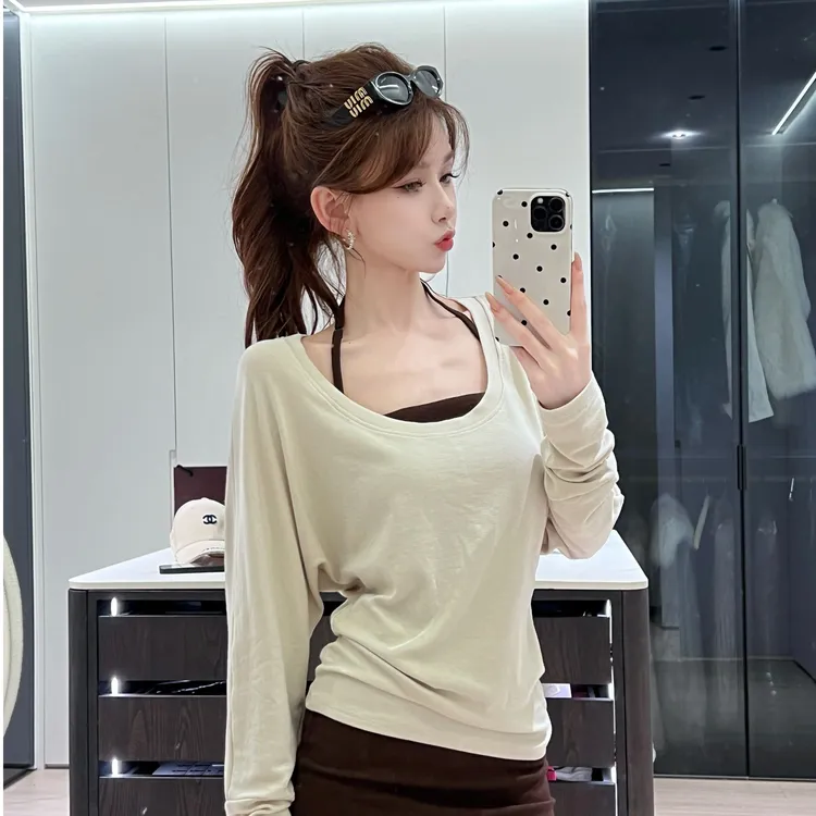 【姐系松弛】松弛感圆领时尚叠穿修身显瘦挂脖吊带➕长袖 T恤
