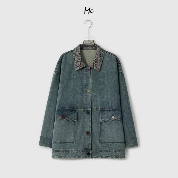 ME【中古图腾牛仔外套】天丝混纺时尚百搭做旧水洗牛仔外套MESA1025