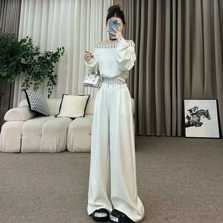 一字肩卫衣套装女春秋2025新款韩版气质高腰宽松休闲阔脚裤两件套
