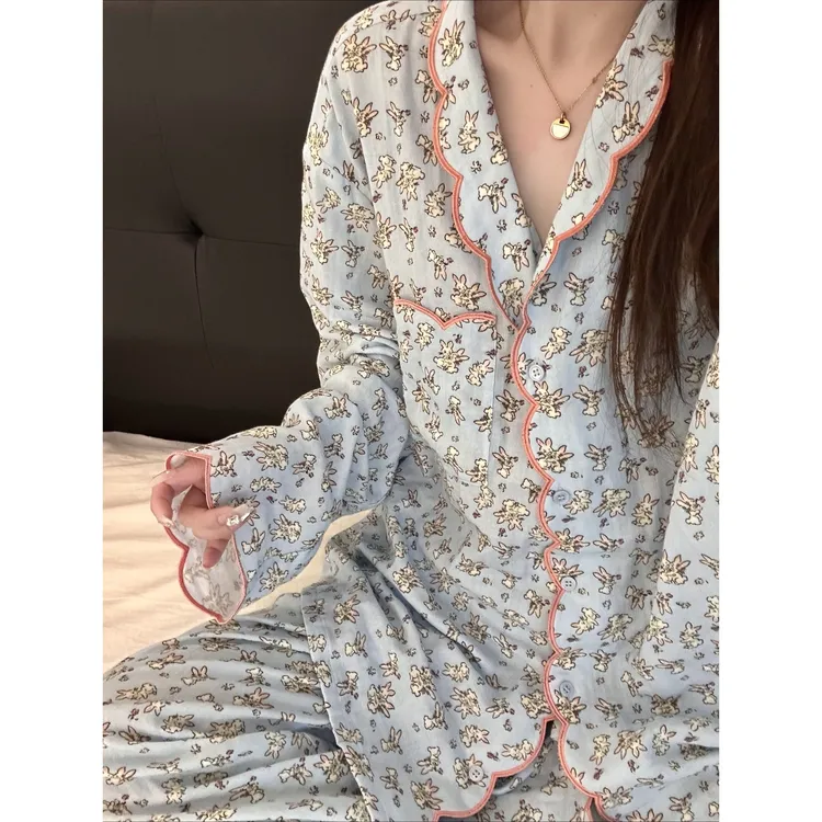 韩系可爱卡通图案花边睡衣女春秋季新款长袖长裤家居服套装可外穿