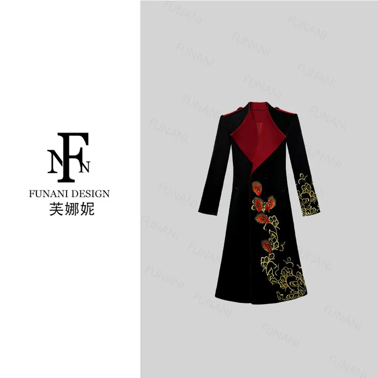 【芙娜妮】2025秋冬刺绣显瘦中长款保暖新款通勤大衣外套FG2531002A