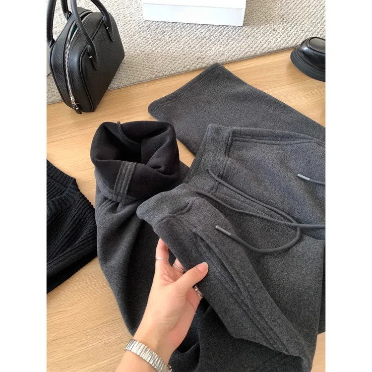 灰色加绒卫裤女加厚运动休闲裤大码胖mm直筒阔腿裤垂感软糯糯米裤