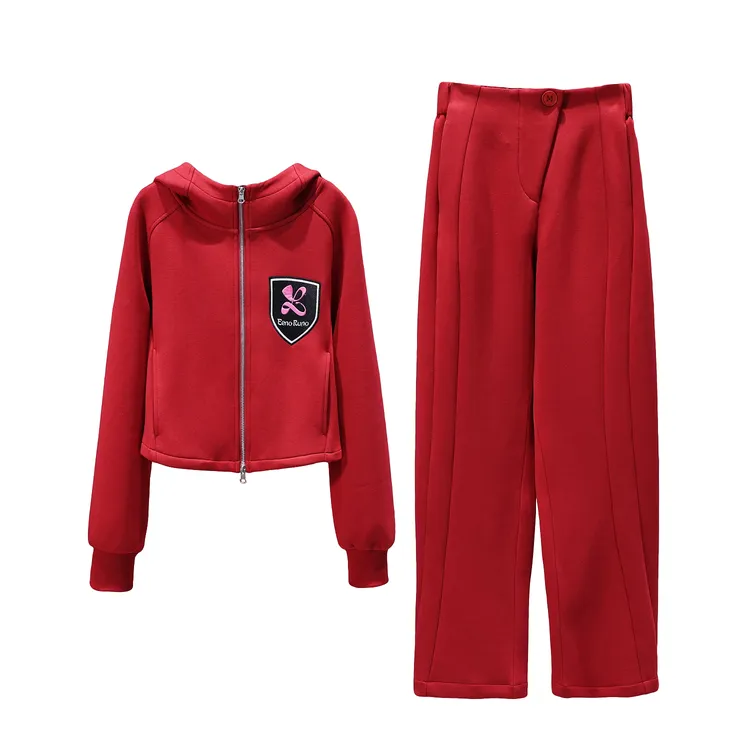 【韩哥女装】红色时尚运动风加绒贴补刺绣连帽卫衣套装5726A