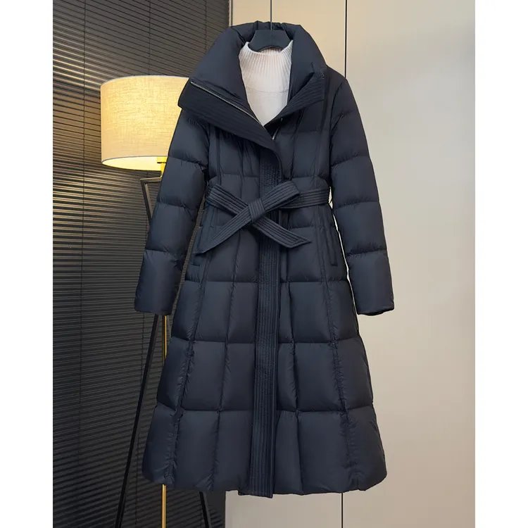 大牌气质90白鸭绒长款羽绒服女加厚过膝翻领系带收腰保暖冬季外套