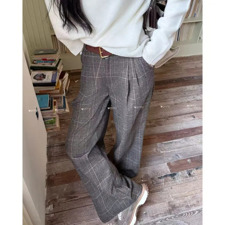 PCNY「维多利亚格」不理理冬季新款小众女装高级格纹西裤气质休闲裤