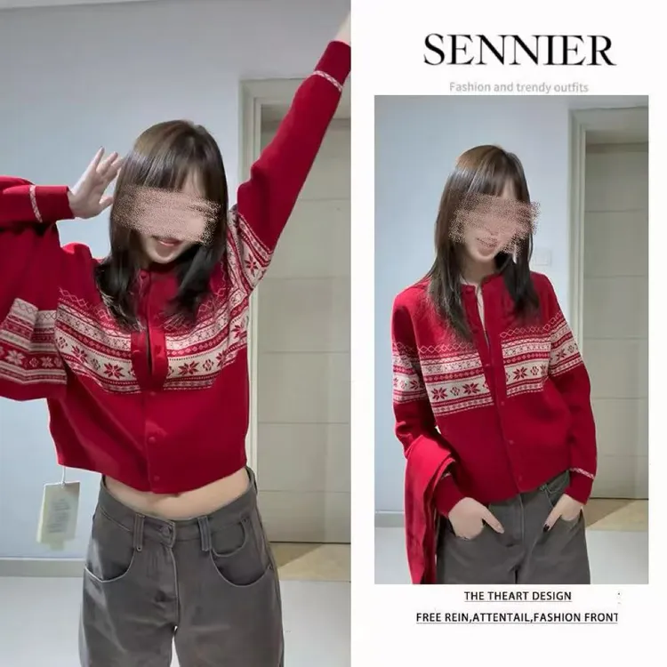 今年流行穿搭一整套2025秋季新款百搭红色长袖开衫阔腿裤两件套装