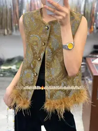 【桃妖定制】2025大码新中式下摆鸵鸟毛重工提花工艺马甲优雅显瘦