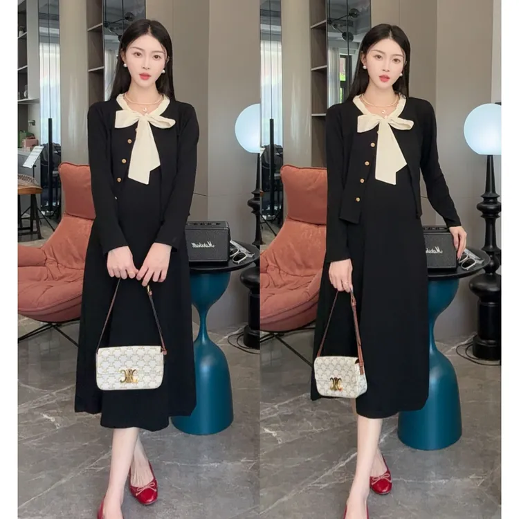 2025时尚孕妇装韩版秋季韩系千金风气质孕妇套装裙子女遮肚长裙子