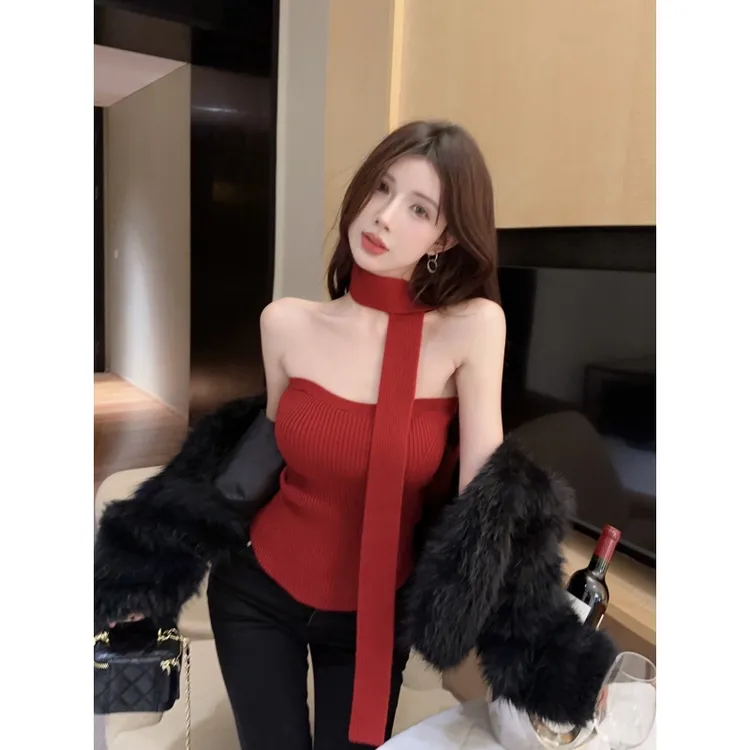 法式气质红色针织抹胸背心女新款秋冬季圣诞纯欲裹胸修身打底上衣