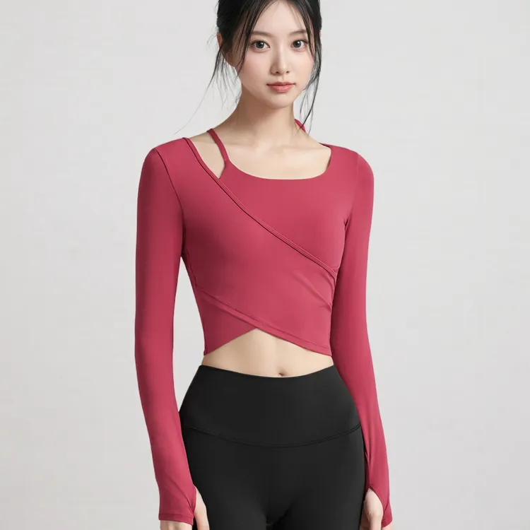 健身长袖女一体式固定胸垫下摆交叉设计露脐显瘦瑜伽t恤运动上衣