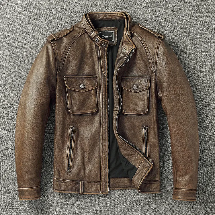 新款阿美咔叽复古头层纯牛皮真皮皮衣男短款水洗做旧机车服皮夹克