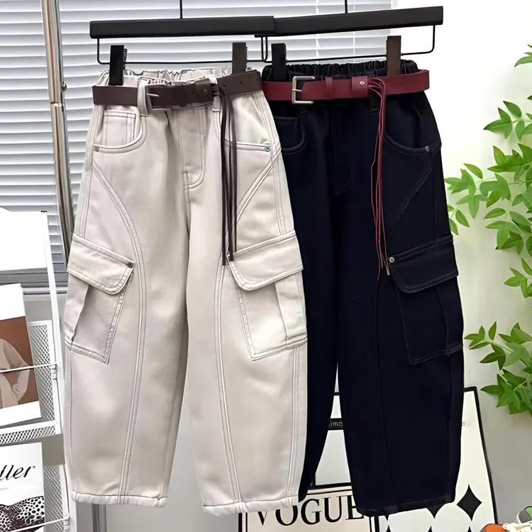 女童加绒工装裤秋装2025新款儿童时髦宽松阔腿裤女孩加厚弯刀裤潮