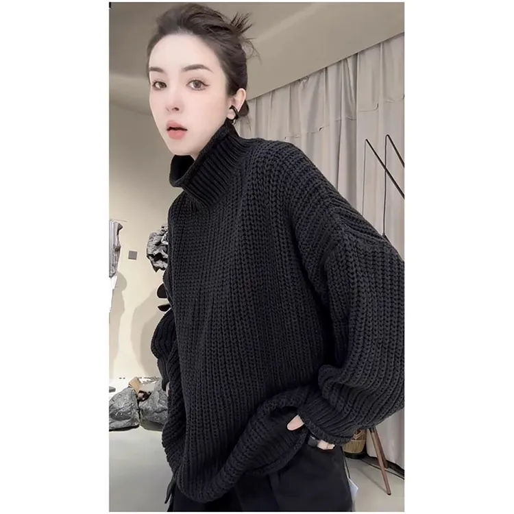 洋气百搭休闲宽松高领纯色毛衣潮2025秋冬新款时尚中长款套头上衣