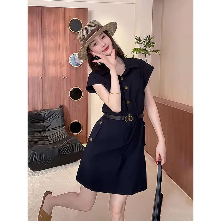 纯欲气质半开扣短袖衬衣连衣裙女2025夏季新款腰带收腰显瘦A字裙