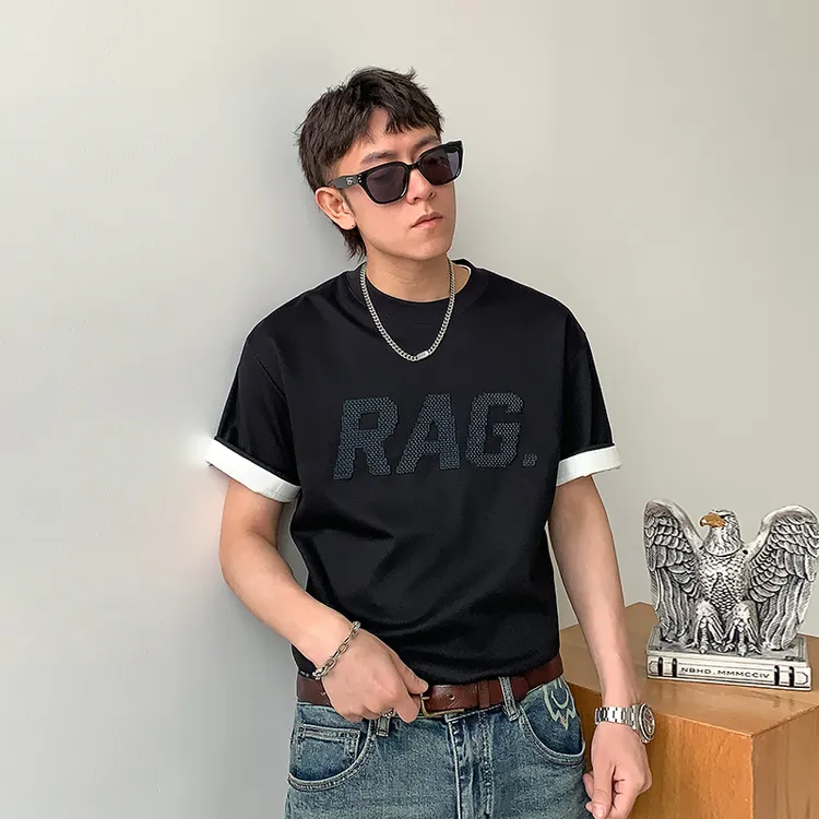 DeweLvum210g字母印花圆领短袖T恤男休闲宽松时尚五分袖上衣男装