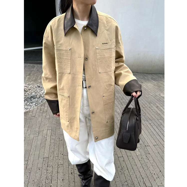 临典卡其色巴恩风外套女2025春秋新款美式复古百搭中长款翻领风衣