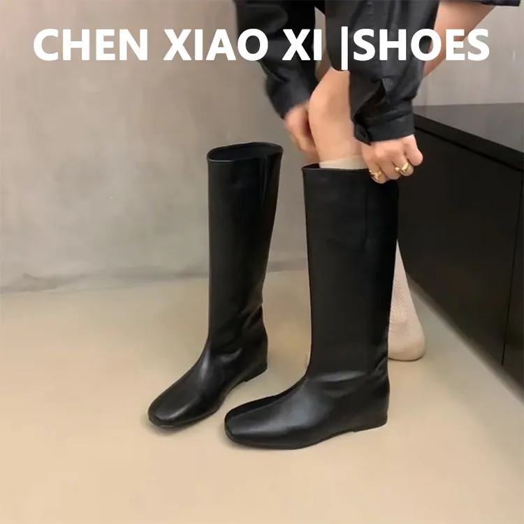 牛皮版！极简风复古圆头内增高长靴女弹力瘦瘦靴不过膝高筒骑士靴