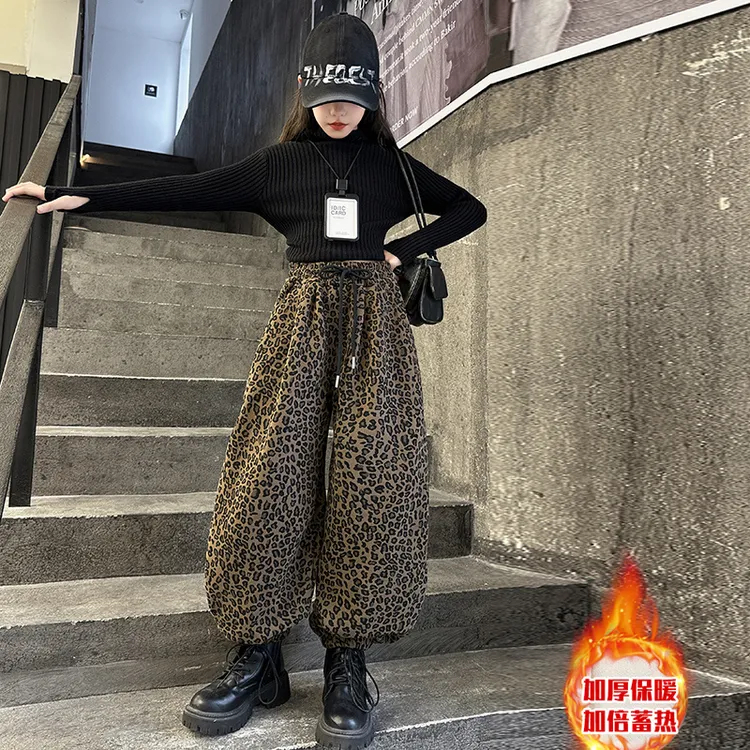 女童加绒裤子2025秋冬网红炸街豹纹裤一体绒卫裤休闲裤时尚哈伦裤