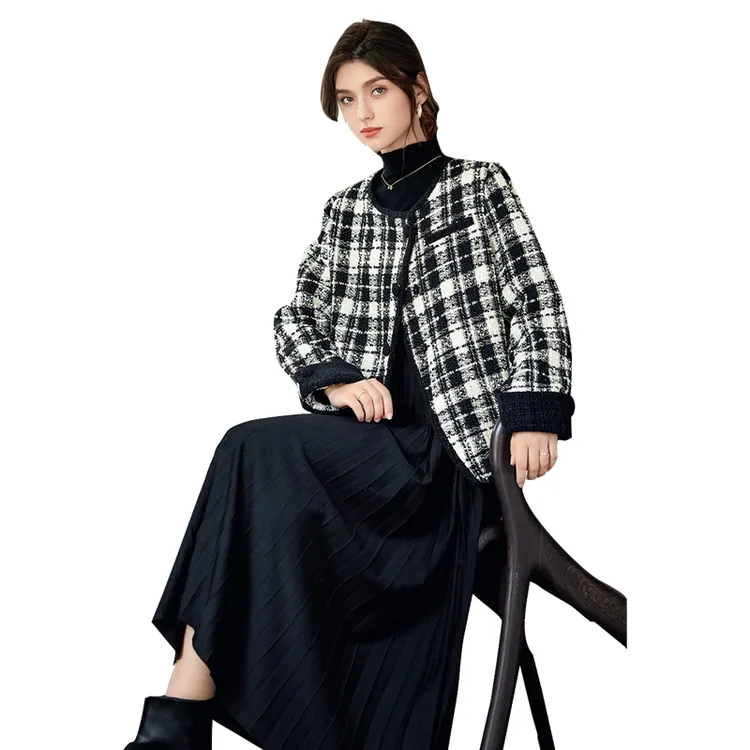她池2025秋季新款女装撞色格纹气质优雅拼接小香风外套T43Z4529A