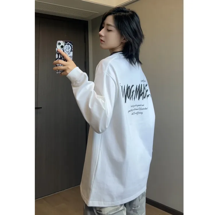 美式高街300克重磅纯棉长袖T恤男春秋白色打底衫潮牌百搭秋冬卫衣