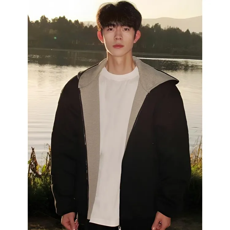 男士重磅硬挺连帽卫衣外套秋冬季时尚宽松休闲百搭拼色双拉链开衫